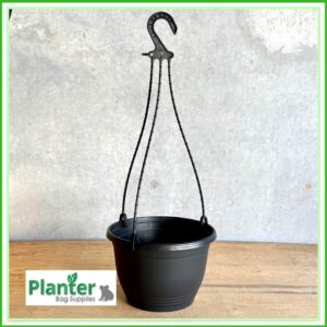 200mm Deep Hanging Basket – Saucerless Black with Heavy Duty Hanger